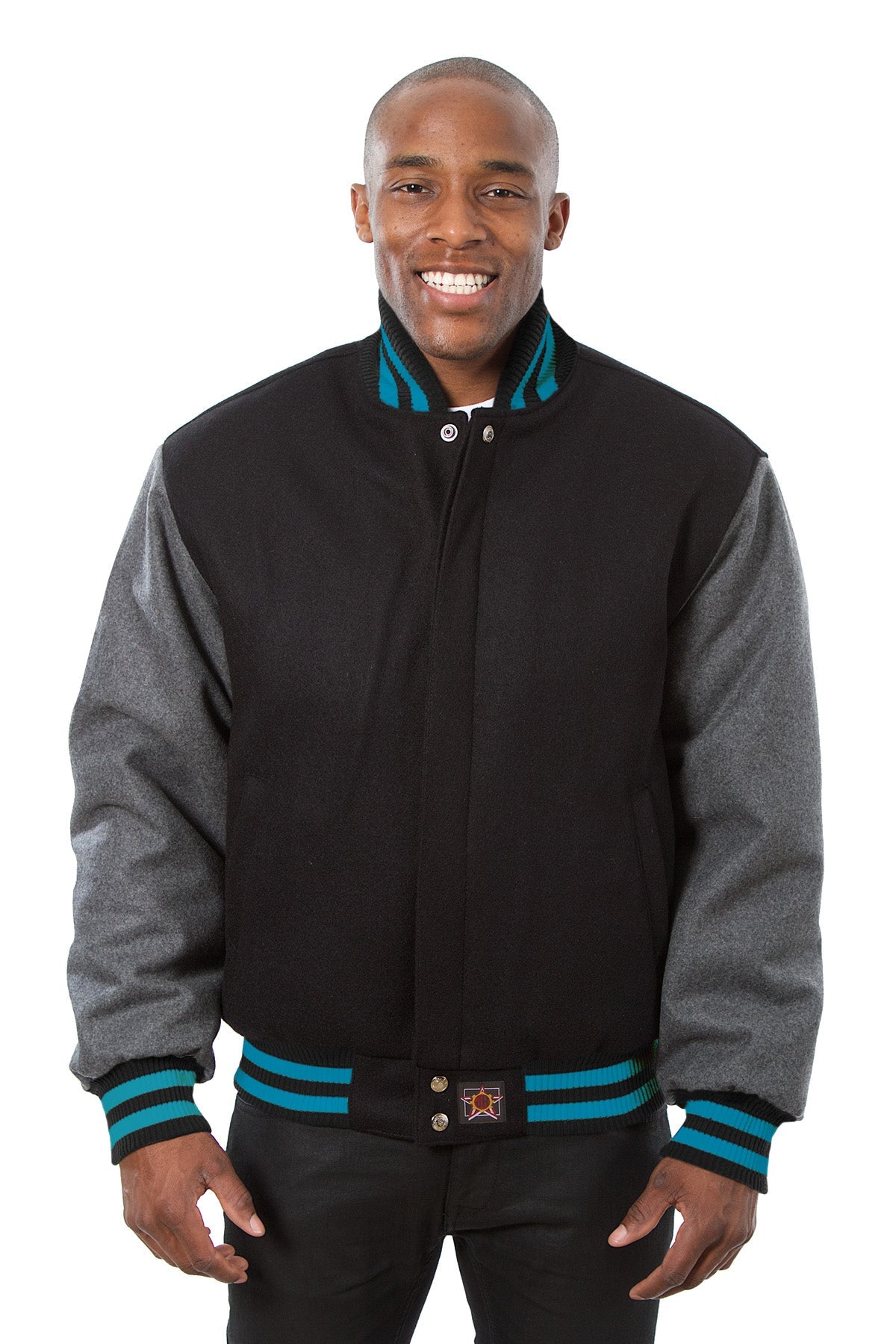 All-Wool Varsity Jacket in Black and Gray