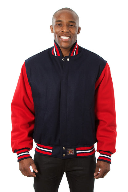 All-Wool Varsity Jacket in Navy and Red