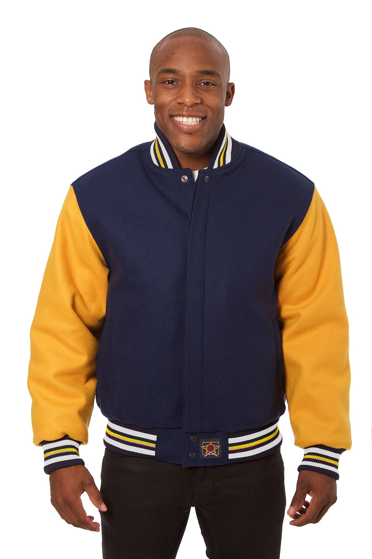 All-Wool Varsity Jacket in Navy Blue and Yellow