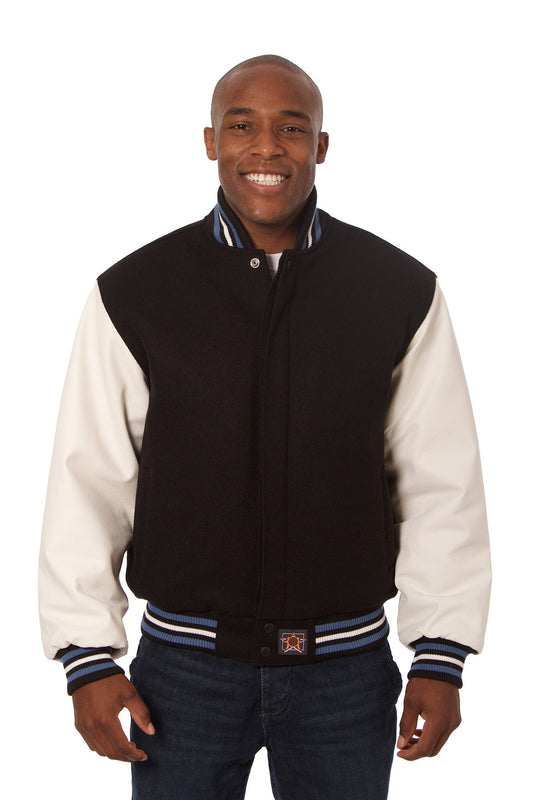Wool and Leather Varsity Jacket in Black and White