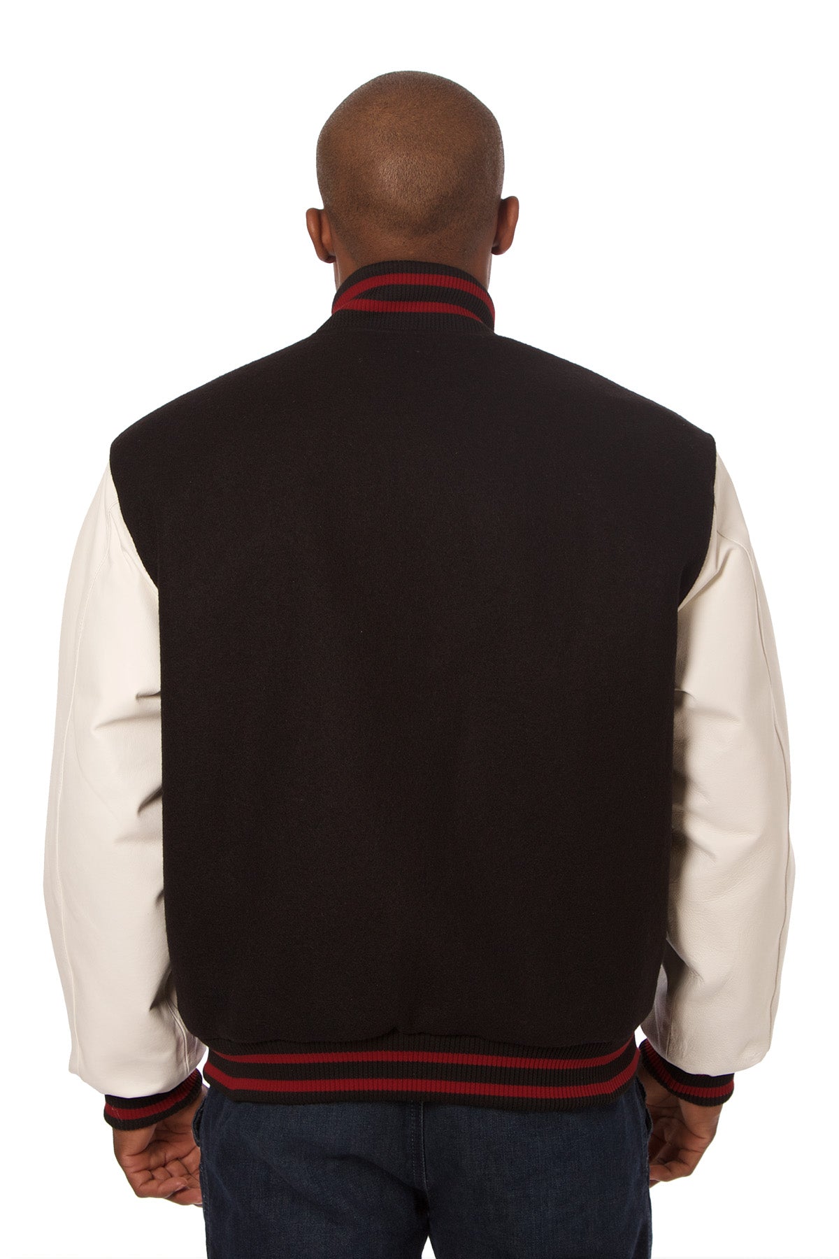 Wool and Leather Varsity Jacket in Black and White