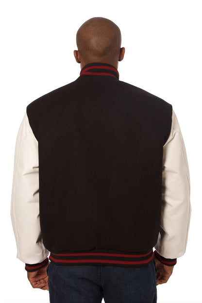 Wool and Leather Varsity Jacket in Black and White