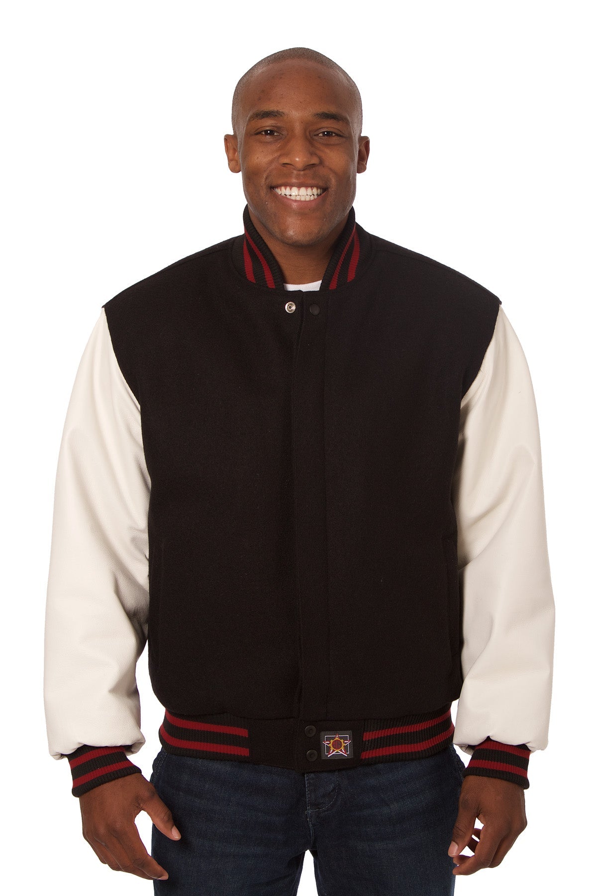 Wool and Leather Varsity Jacket in Black and White