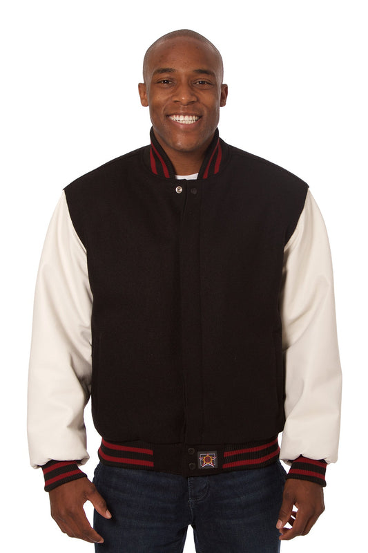 Wool and Leather Varsity Jacket in Black and White