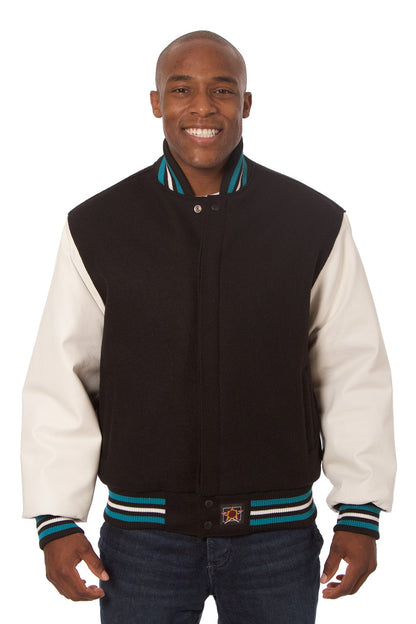 Wool and Leather Varsity Jacket in Black and White