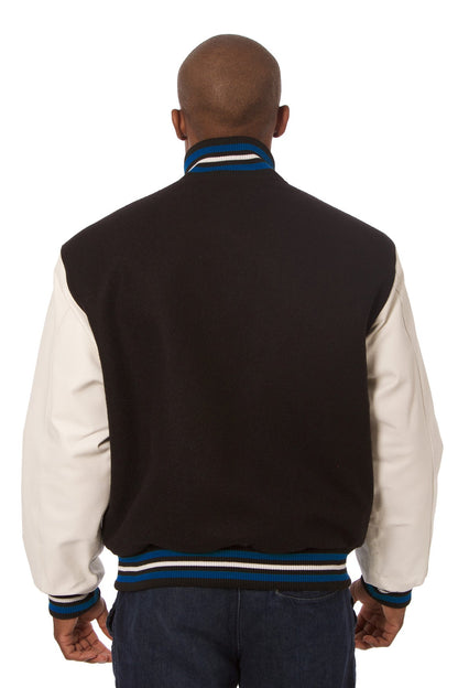 Wool and Leather Varsity Jacket in Black and White