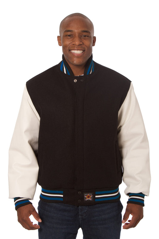 Wool and Leather Varsity Jacket in Black and White