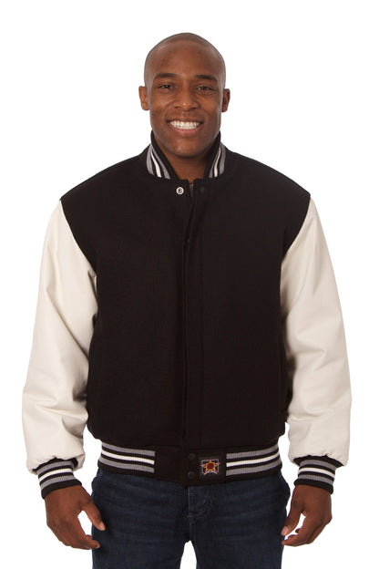 Wool and Leather Varsity Jacket in Black and White