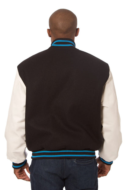 Wool and Leather Varsity Jacket in Black and White