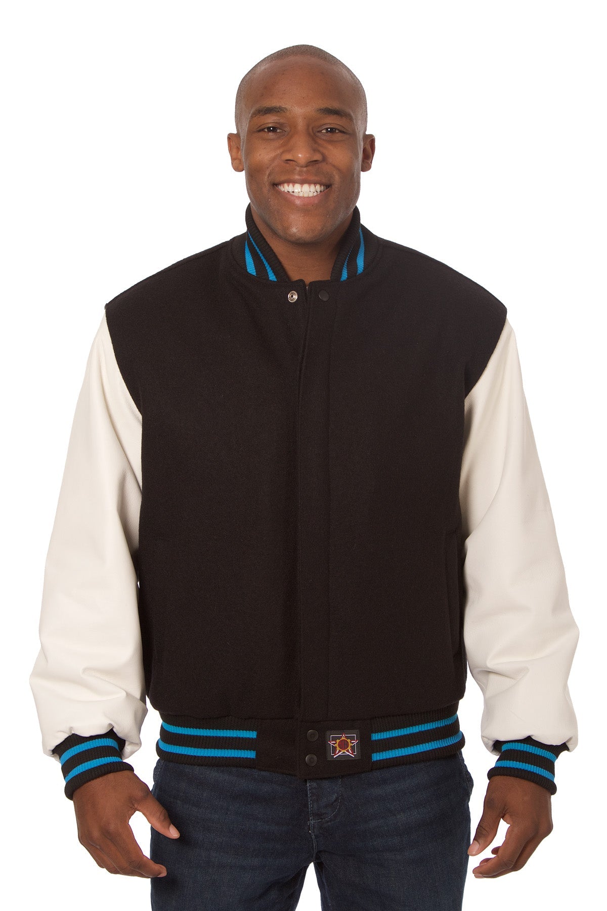 Wool and Leather Varsity Jacket in Black and White