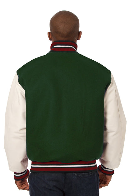 Wool and Leather Varsity Jacket in Green and Cream