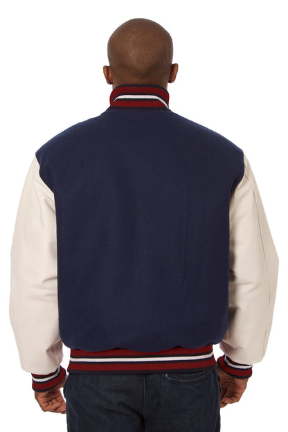 Wool and Leather Varsity Jacket in Navy and White