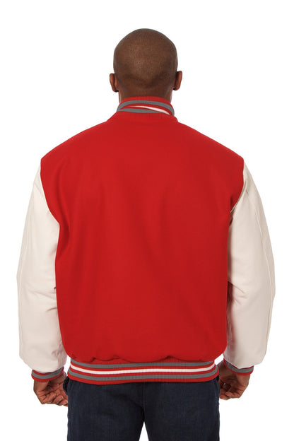 Wool and Leather Varsity Jacket in Red and White