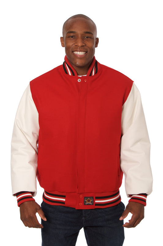 Wool and Leather Varsity Jacket in Red and White