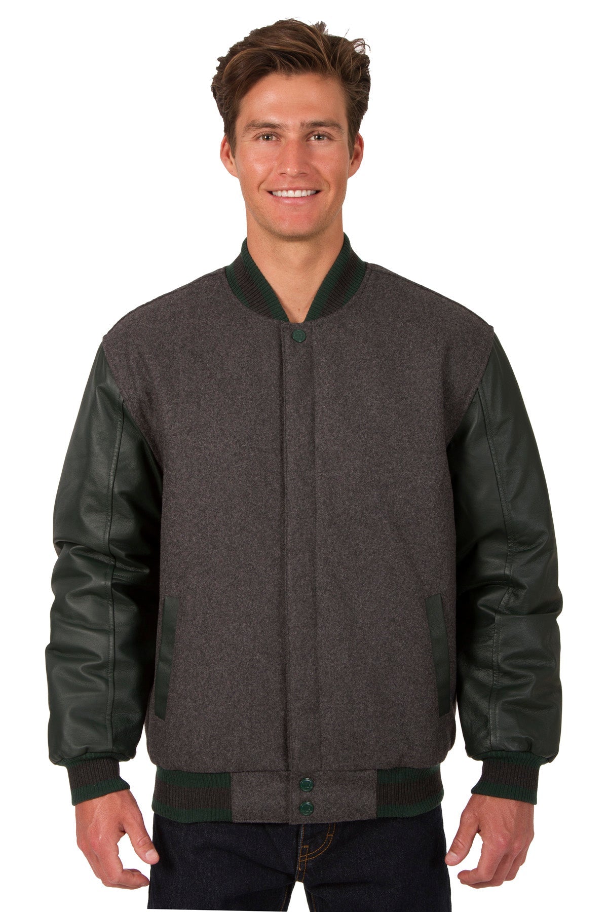 Wool and Leather Reversible Jacket in Charcoal-Green