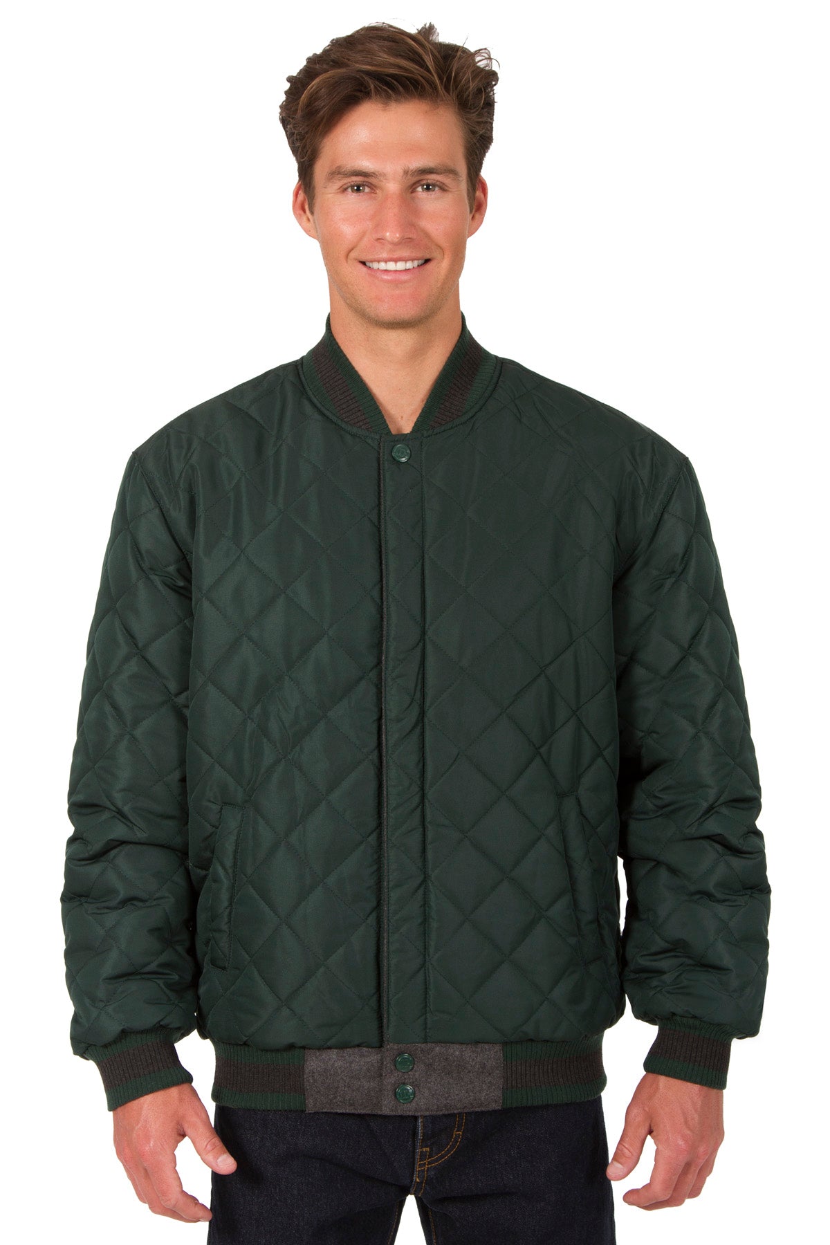 Wool and Leather Reversible Jacket in Charcoal-Green