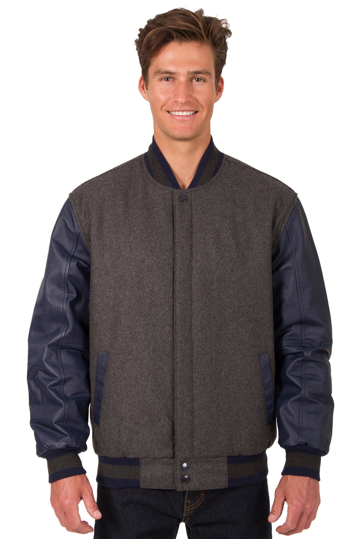 Wool and Leather Reversible Jacket in Charcoal-Navy