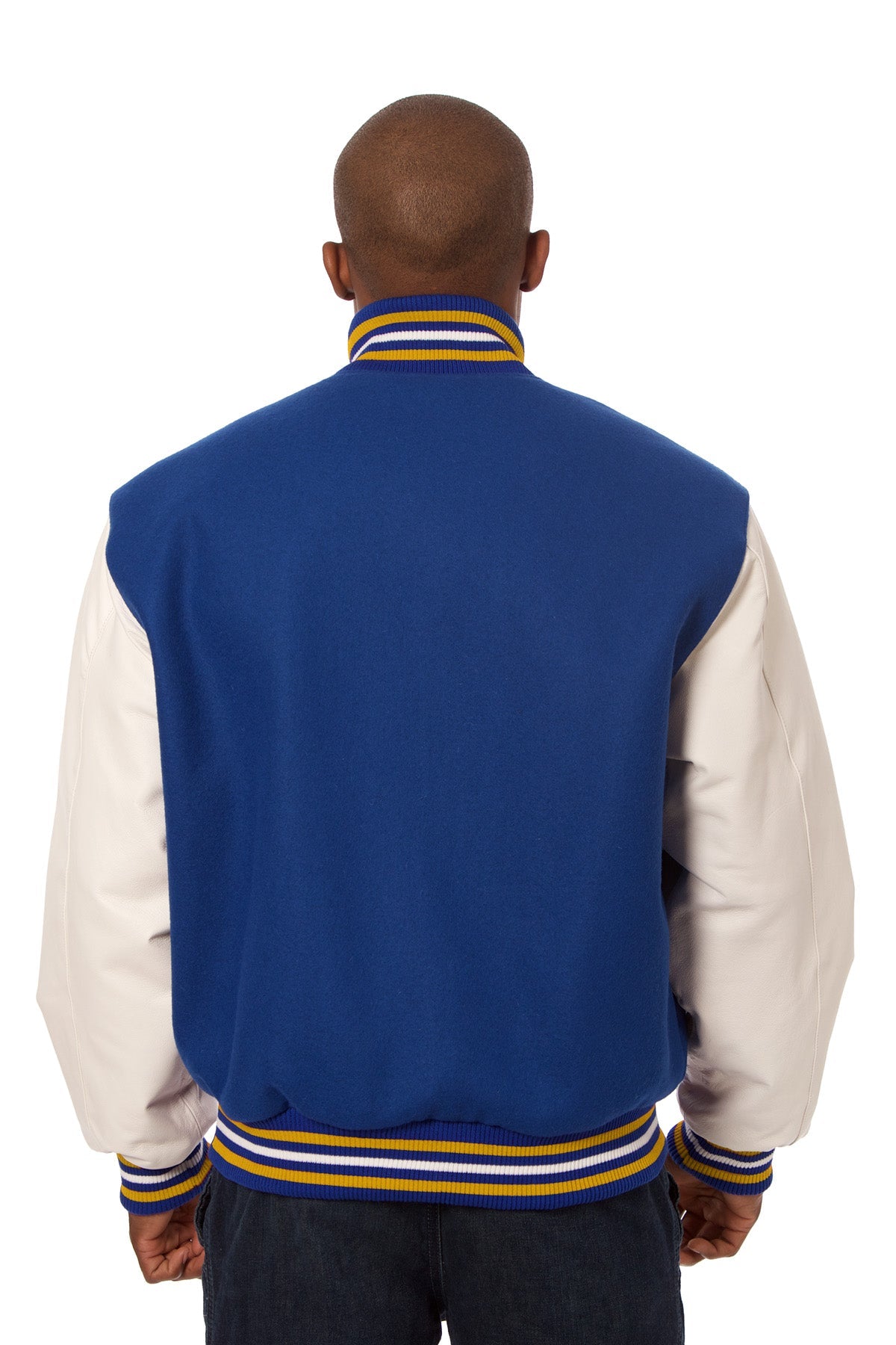 Wool and Leather Varsity Jacket in Royal and White