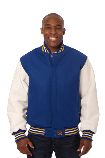 Wool and Leather Varsity Jacket in Royal and White