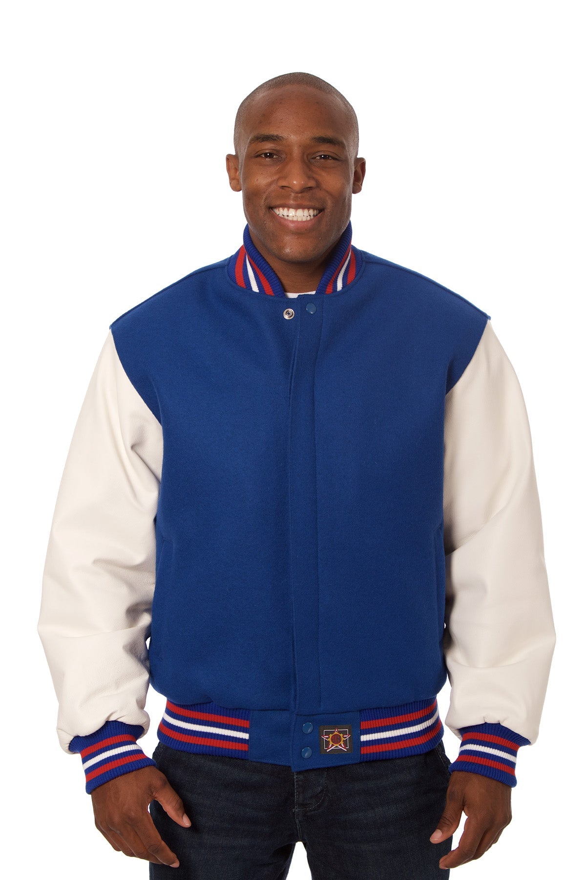 Wool and Leather Varsity Jacket in Royal and White