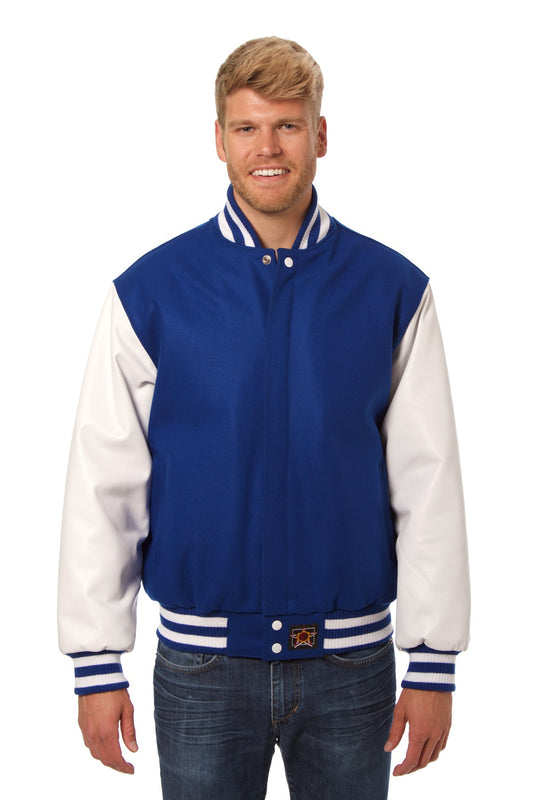 Wool and Leather Varsity Jacket in Royal and White